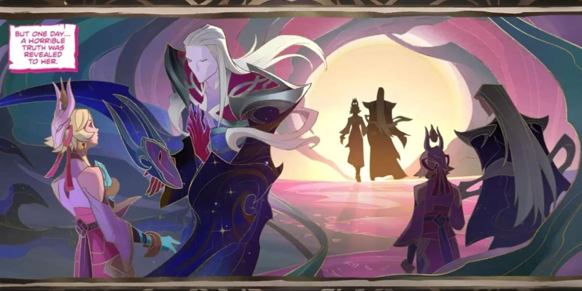 LoL scene features a pink glow. Zaahen gestures to a woman with a headdress