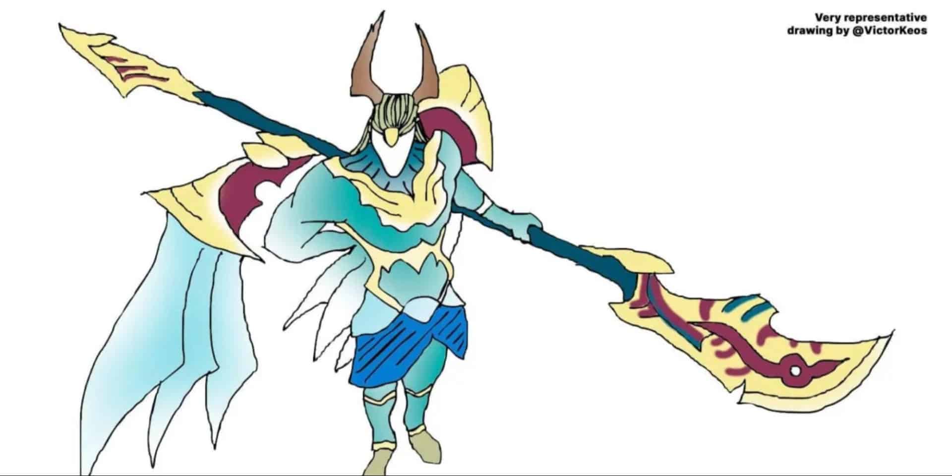 Zaahen with a horned helmet and wings, clad in blue and gold armor, wields a large, ornate spear-like weapon