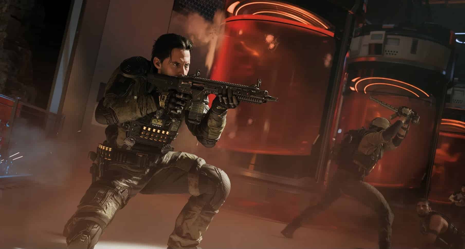 A soldier from Black Ops 7 in tactical gear crouches with a rifle, ready to engage