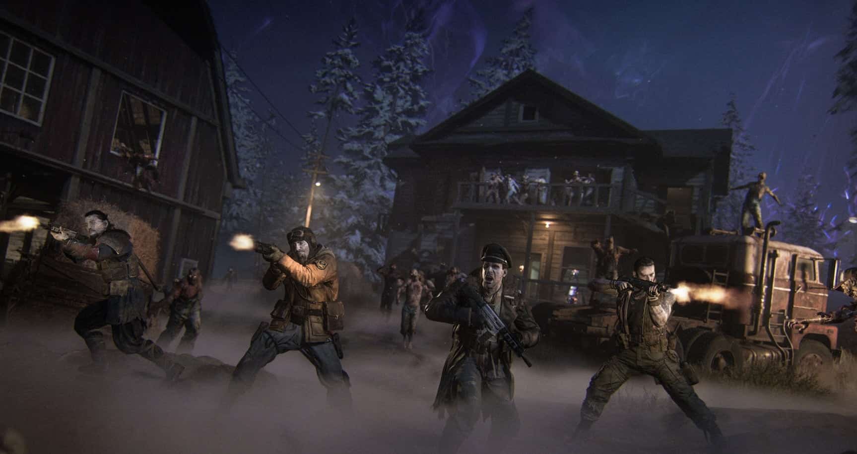 Soldiers in winter gear fire weapons amidst dense fog and zombie attackers in front of wooden houses at night in Black Ops 7
