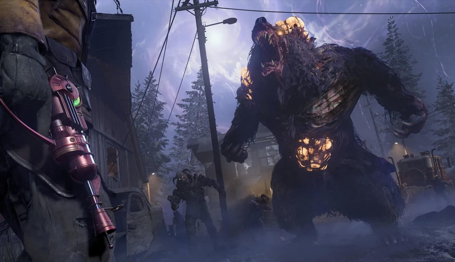 A scene from Black Ops 7 with giant, glowing bear creature roars in a forest 