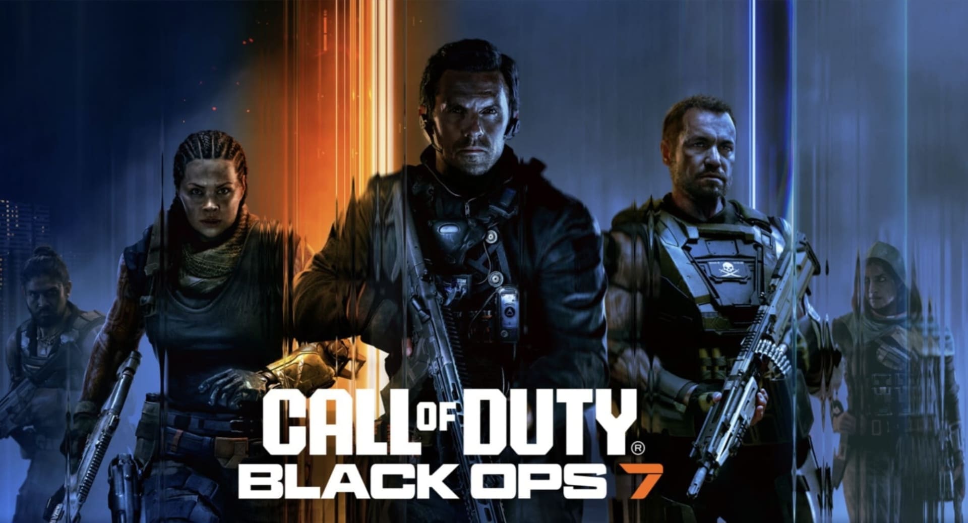 Cover art for "Call of Duty: Black Ops 7" showing three armed, intense-looking soldiers at the center