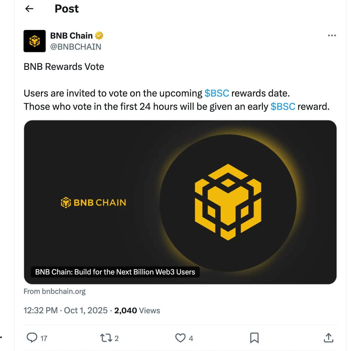 BNB Chain Token Price Slides 1.8% After CZ Warns Of X Account Hack, Fake Rewards