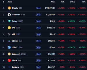Top 10 cryptos by market cap