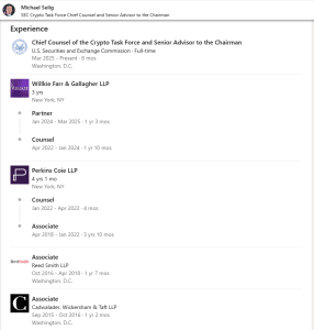 Selig's work experience