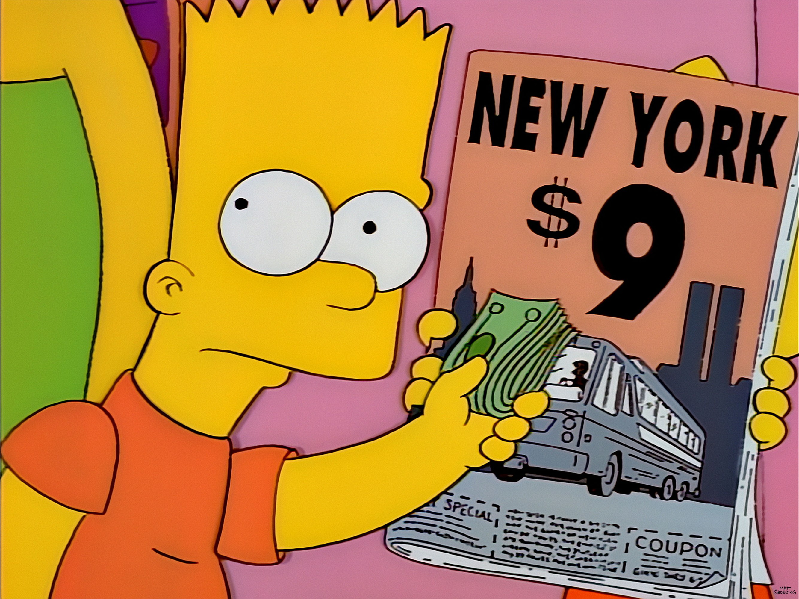 Bart Simpson holds some cash in front of a flyer that reads, "NEW YORK $9" with the World Trade Center Towers in the illustration near the 9.