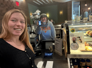 Ananina paying for coffee with Bitcoin